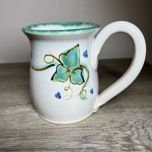 Studio Pottery Signed Judy Goodwin Coffee Mug Grape Vines Ivy Oversize Handle 4”